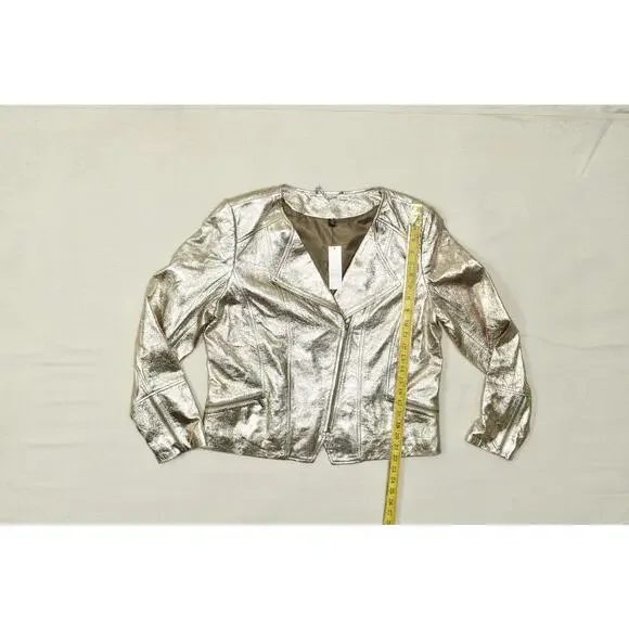 White House Black Market Champagne Metallic Leather Moto Jacket Size XL New - Picture 3 of 8